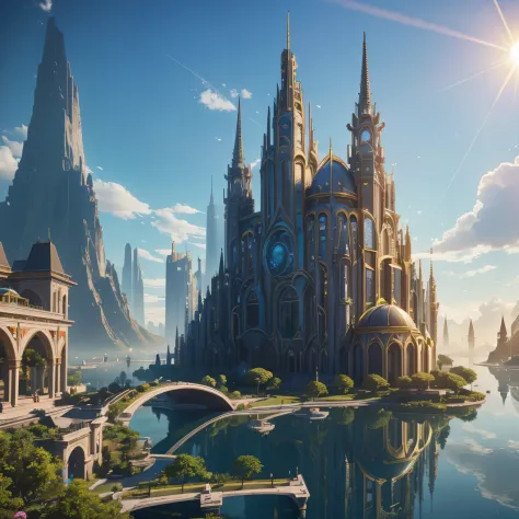 utopian world, brilliant gorgeous colors, thriving buildings, high-end apparel and architectural designs, solarpunk buildings, a...