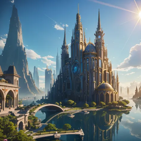 utopian world, brilliant gorgeous colors, thriving buildings, high-end apparel and architectural designs, solarpunk buildings, a...