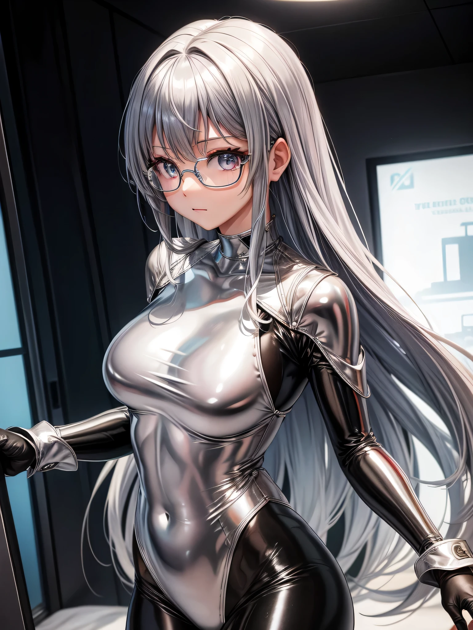 Top quality 8K UHD、glasses、silver metallic bodysuit、silver body tights、glassesをかけた短髪の銀髪美女、肌が隠れたsilver metallic bodysuit、upper body up、