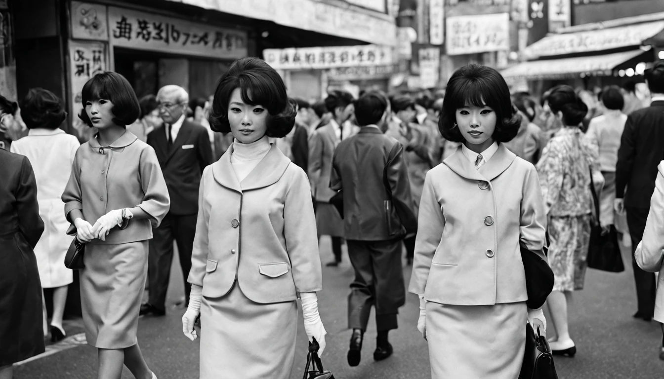 Moda feminina em Tóquio na década de 1960 em tons de cinza