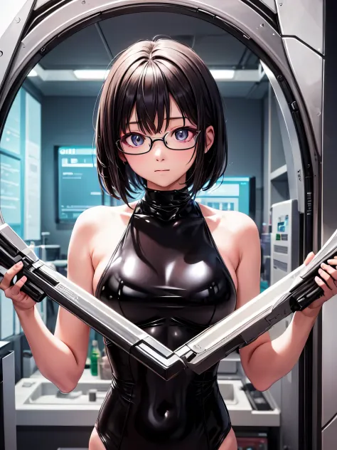 Top quality 8K UHD、glasses、silver metallic bodysuit、silver body tights、short hair、glassesをかけた短髪の銀髪美女、upper body up、