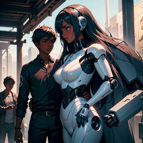 ((pretty black woman human anime character)) and a robot boyfriend, clearly detailed features, the humanoid robot has on a rumpl...