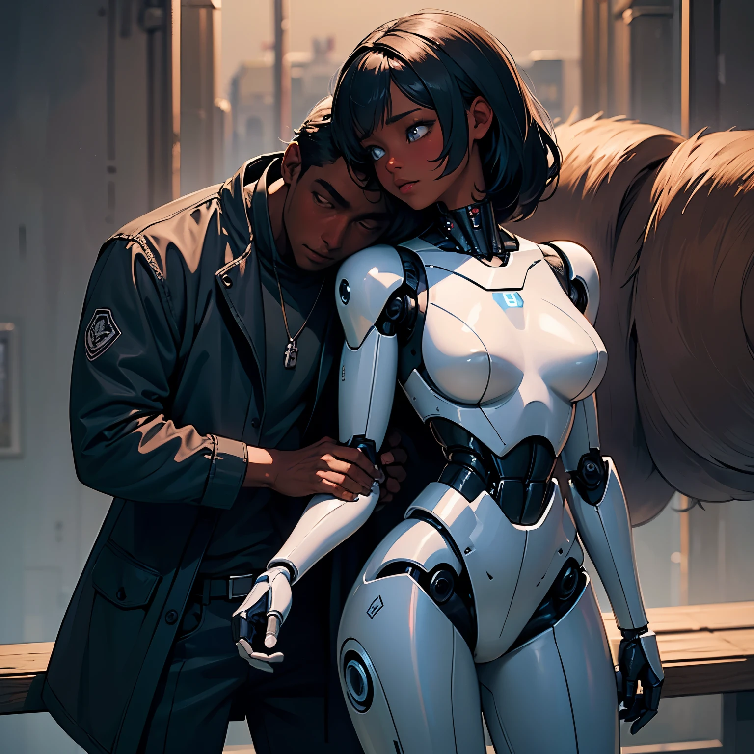 ((pretty black woman human anime character)) and a robot boyfriend, clearly detailed features, the humanoid robot has on a rumpled shirt and black slacks, broad, lean muscles, the robot is devastatingly handsome with a boyish smirk, dark fantasy, hyper detailed, heartwarming manga art, Jean Baptiste Monge, Carne Griffiths, Seb Mckinnon 