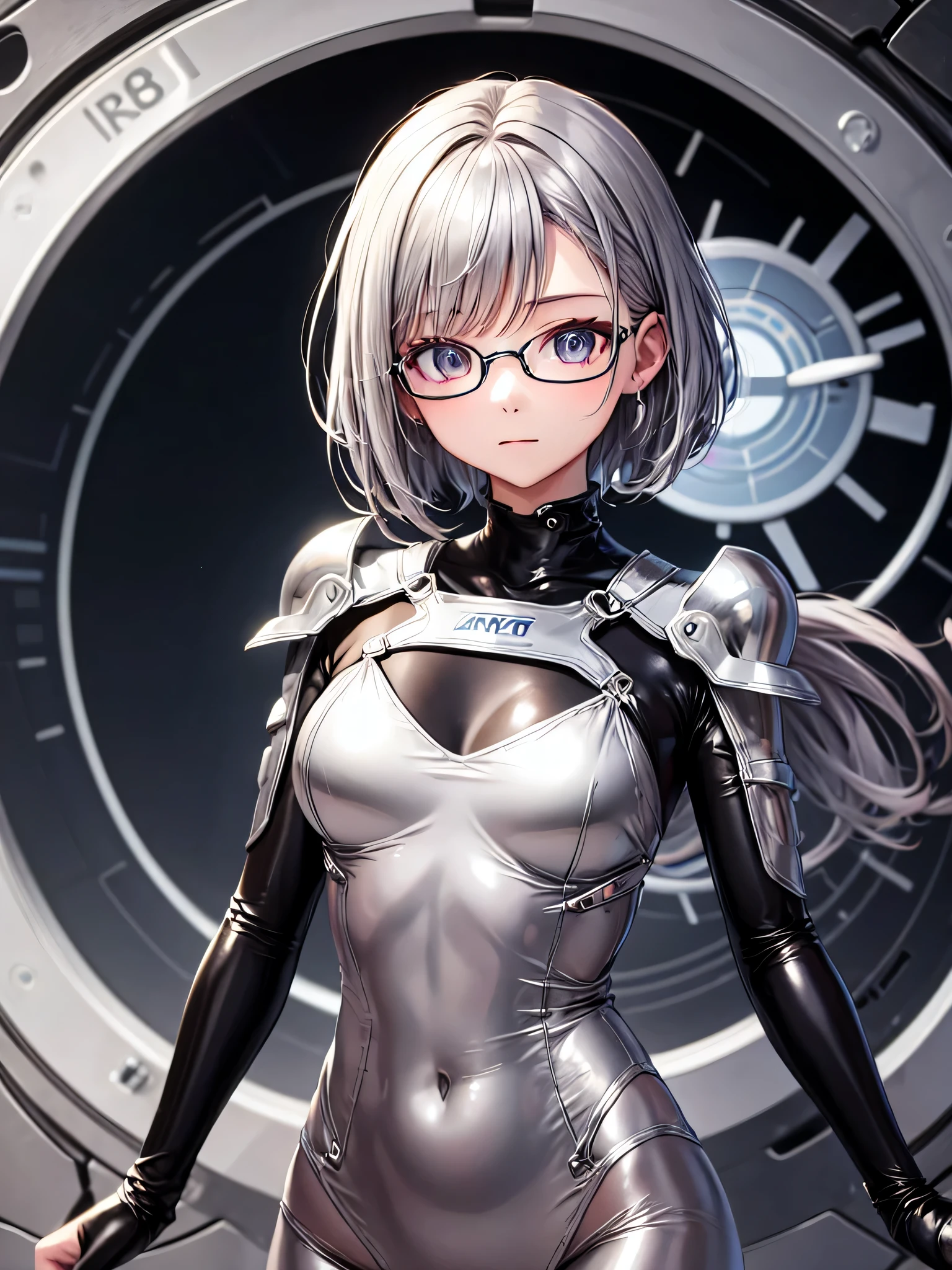 Top quality 8K UHD、glasses、silver metallic bodysuit、silver body tights、silver metallic tights、silver metallic rider suit、short hair、glassesをかけた短髪の銀髪美女、upper body up、