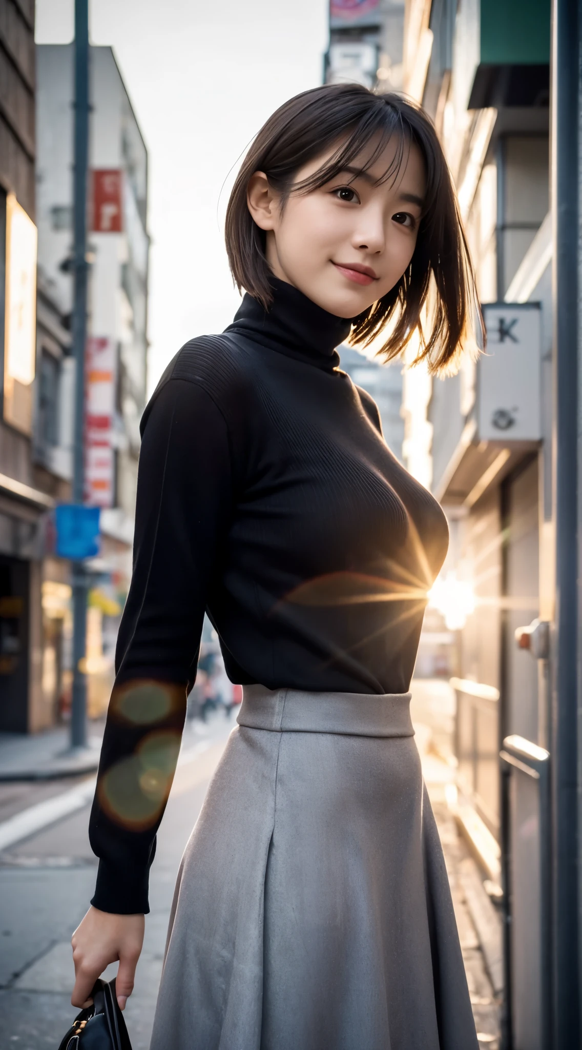 (highest quality,masterpiece:1.3,ultra high resolution),(Super detailed,caustics,8K),(photorealistic:1.4,RAW shooting),at dusk,sunset,warm light,Backlight,Vivid,Lens flare,street,24-years-old,cute,Japanese,black short hair,best smile,big boobs,Down coat,turtleneck sweater,long skirt,Low position,Low - Angle,blur the background,Natural light