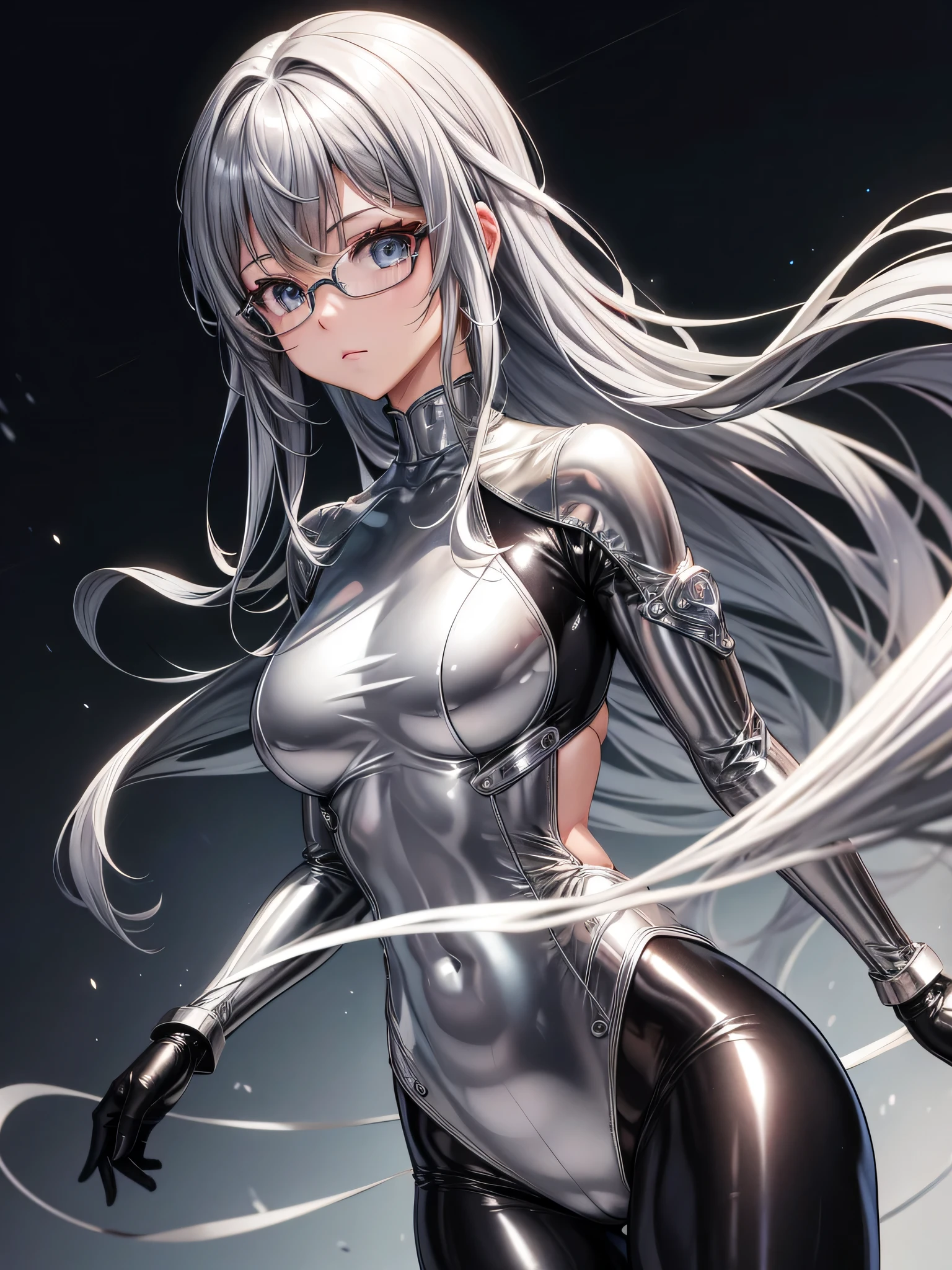 Top quality 8K UHD、glasses、silver metallic bodysuit、silver body tights、silver metallic tights、silver metallic rider suit、short hair、A beautiful short-haired woman wearing glasses、upper body up、