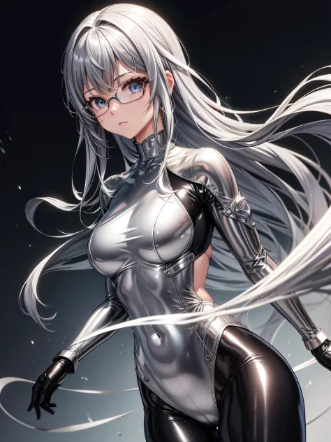 Top quality 8K UHD、glasses、silver metallic bodysuit、silver body tights、silver metallic tights、silver metallic rider suit、short h...