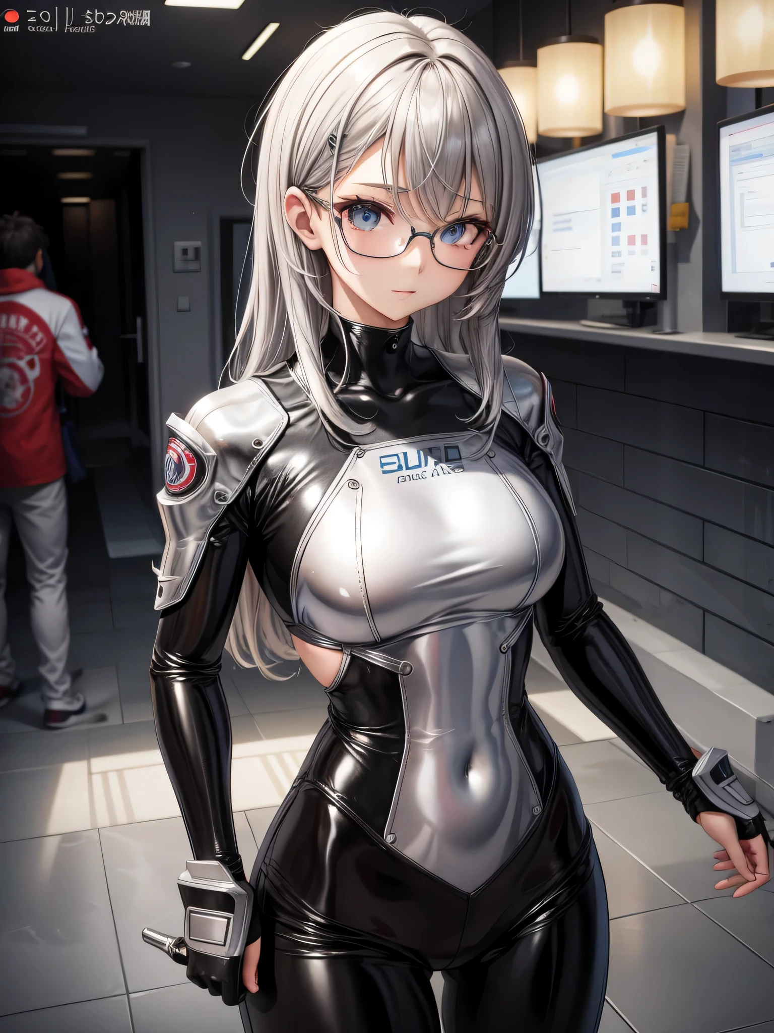 Top quality 8K UHD、glasses、silver metallic bodysuit、silver body tights、silver metallic tights、silver metallic rider suit、short hair、glassesをかけた短髪の銀髪美女、muscular、upper body up、