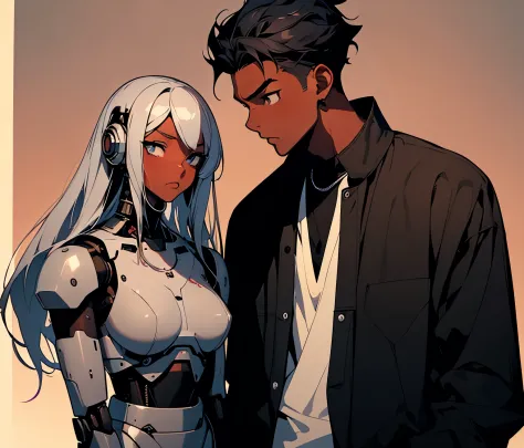 ((pretty black woman human anime character)) and a robot boyfriend, clearly detailed features, the humanoid robot has on a rumpl...