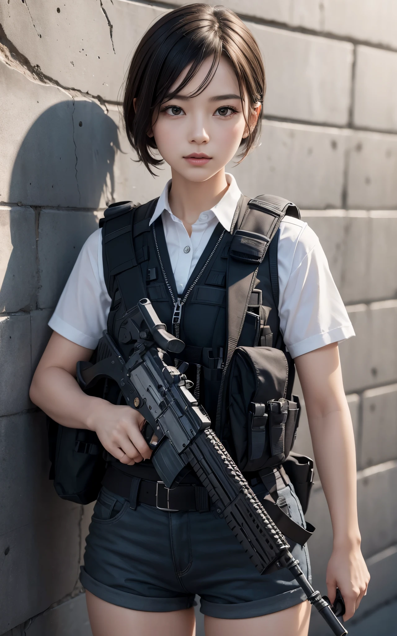 ((Best Quality, 8K, Masterpiece: 1.3)), ((best quality)), photorealistic, photorealism, 1girl aiming with an ak-47 assault rifle, Combat pose, Photorealistic, high resolution, looking to the camera, (Detailed face), short hair, nylon short pants, tactical vests, military harness, Gun,black gloves, high-tech headset, Fingers are occluded, concrete wall background,