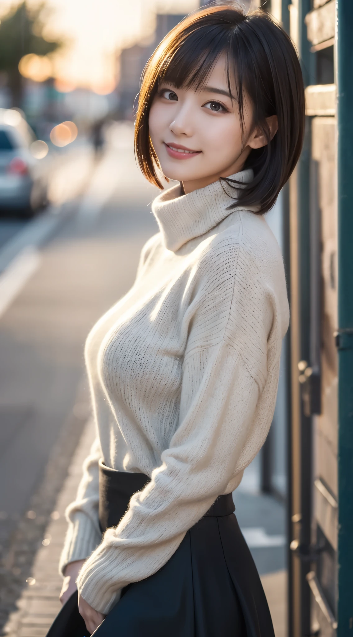 (highest quality,masterpiece:1.3,ultra high resolution),(Super detailed,caustics,8K),(photorealistic:1.4,RAW shooting),at dusk,sunset,warm light,Backlight,Vivid,Lens flare,street,24-years-old,cute,Japanese,black short hair,best smile,big ,Down coat,turtleneck sweater,long skirt,Low position,Low - Angle,blur the background,Natural light