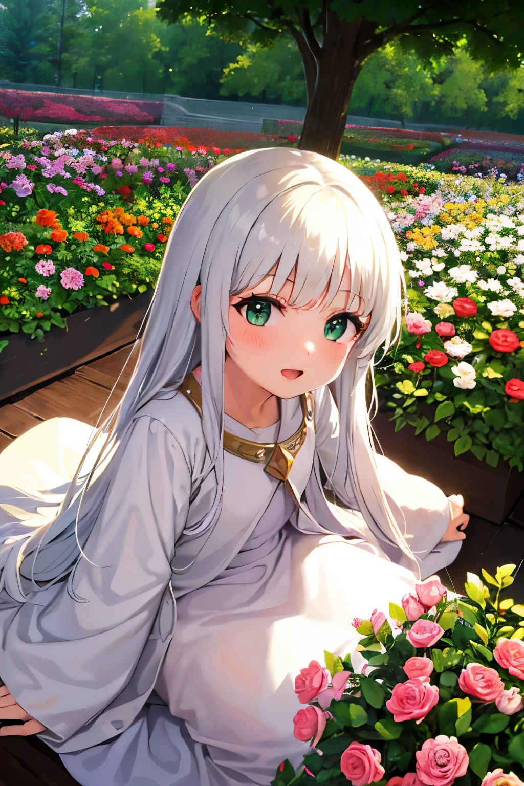 Long silver hair, green eyes, , only, white clothes, flowers in head, smile, beautiful thighs, open legs, garden