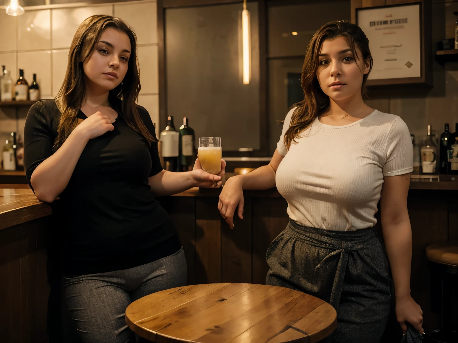 Duas mulheres em um bar com um copo de cerveja - SeaArt AI