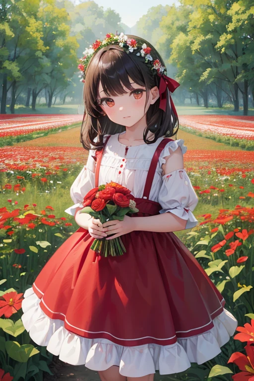 there is a little girl in a red and white dress holding a bouquet, girl in flowers, picking flowers, holding flowers, picking up a flower, girl standing in flower field, girl standing in a flower field, flowers on heir cheeks, girl in a flower field, portrait of girl in flower field, girl walking in forest, girl with a flower head