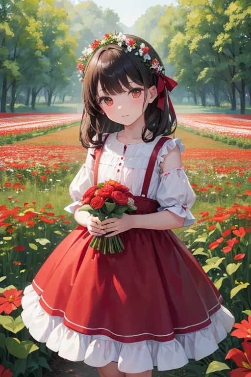 there is a little girl in a red and white dress holding a bouquet, girl in flowers, picking flowers, holding flowers, picking up...