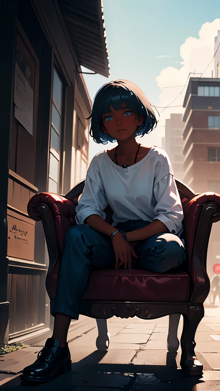 Pretty black woman sitting on a hillside, soft hair, funkypop, cyberdelic, grunge, hyperrealistic anime, lofi art, luminism, manga, medium shot, chemiluminescence, flare, flourescent lightin, character design, atey ghailan, basquiat, colorful_frequencies, electric colors, iridescent, dynamic pose, nouveau realisme, city background, african american