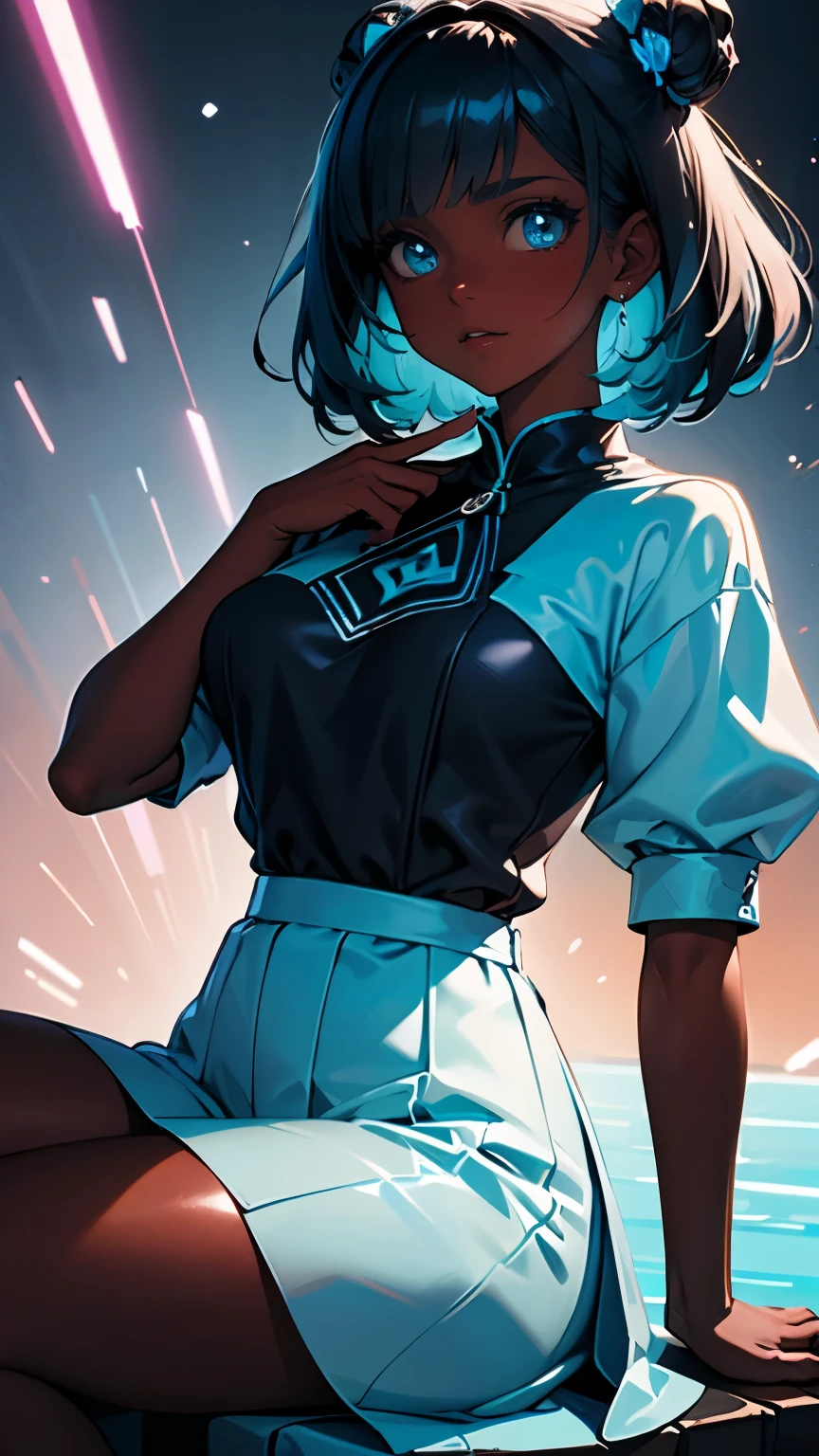 Pretty black woman sitting on a hillside, soft hair, funkypop, cyberdelic, grunge, hyperrealistic anime, lofi art, luminism, manga, medium shot, chemiluminescence, flare, flourescent lightin, character design, atey ghailan, basquiat, colorful_frequencies, electric colors, iridescent, dynamic pose, nouveau realisme, city background, african american, casual dress 