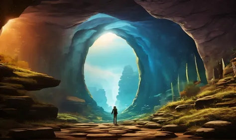 uma foto tirada de uma tela de computador de uma caverna com dois olhos, ancient alien portal, world seen only through a portal,...
