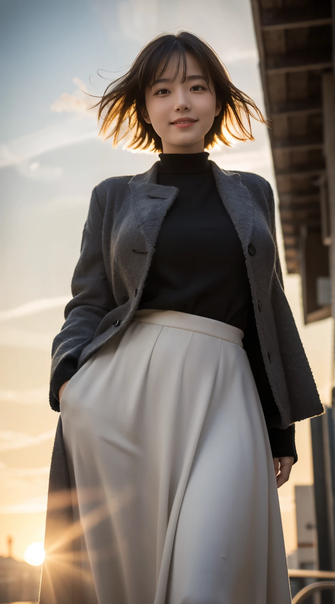 (highest quality,masterpiece:1.3,ultra high resolution),(Super detailed,caustics,8K),(photorealistic:1.4,RAW shooting),sunset sky,sunset,Soft warm light,Backlight,Vivid,Lens flare,street,24-years-old,cute,Japanese,black short hair,best smile,big boobs,Down coat,Knitted Inner,long skirt,Low position,Low - Angle,blur the background,Natural light