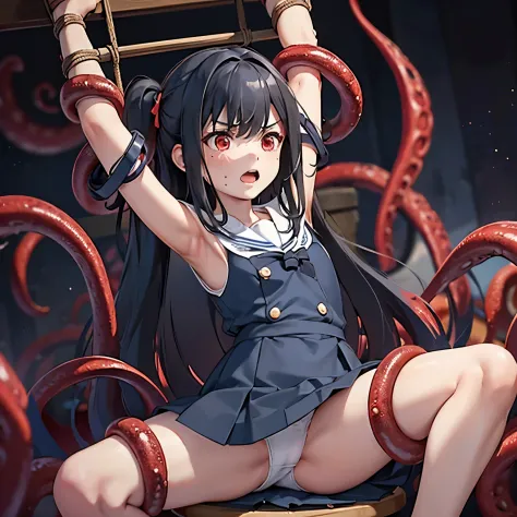 look down,show both sides,raise both arms up,stretch both arms,sitting on a wooden chair(tied to a chair with tentacles),(legs spread in an M shape,legs wide open, legs open, spread legs, woman with legs open),sailor suit,破れたsailor suit,navy blue skirt, wh...