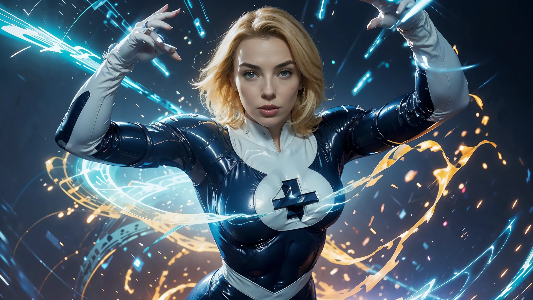 Jodie Comer is Sue Storm ,scan, mature, American , (extremely detailed 8k wallpaper CG unit: 1.1), (masterpiece :1.0), (big body muscular :1.1) , the iconic Fantastic Four suit, floating in mid-air. Sue has an intense and focused expression on her face, with her (blonde platinum hair long wild :1.4). She is wearing her trademark blue and white bodysuit, and her figure is emphasized with dynamic curves. The background scientific laboratory futuristic white, Overall, the image should capture the essence of Sue Storm's power, strength, and beauty in a stunning and awe-inspiring way, using use your white magic barrier on her , masterpiece :1.4 , pose .