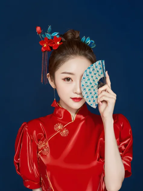 there is a woman in a red dress holding a fan, match with ancient chinese costumes, 穿着蓝色on the cheongsam, wearing a red on the c...