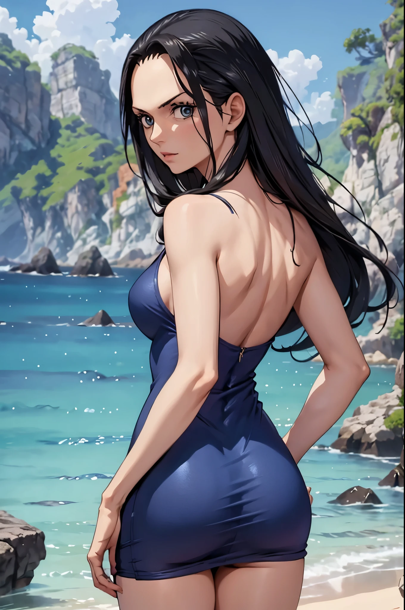 girl, nico robin, one piece, short navy blue dress without prints, big boobs, big ass, from behind, f/16, 85mm, masterpiece, anatomically correct, super detail, high details, high quality, best quality, highres, 4K