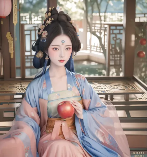 anime girl in a blue kimono dress holding a red apple, a beautiful fantasy empress, ((a beautiful fantasy empress)), palace ， a ...