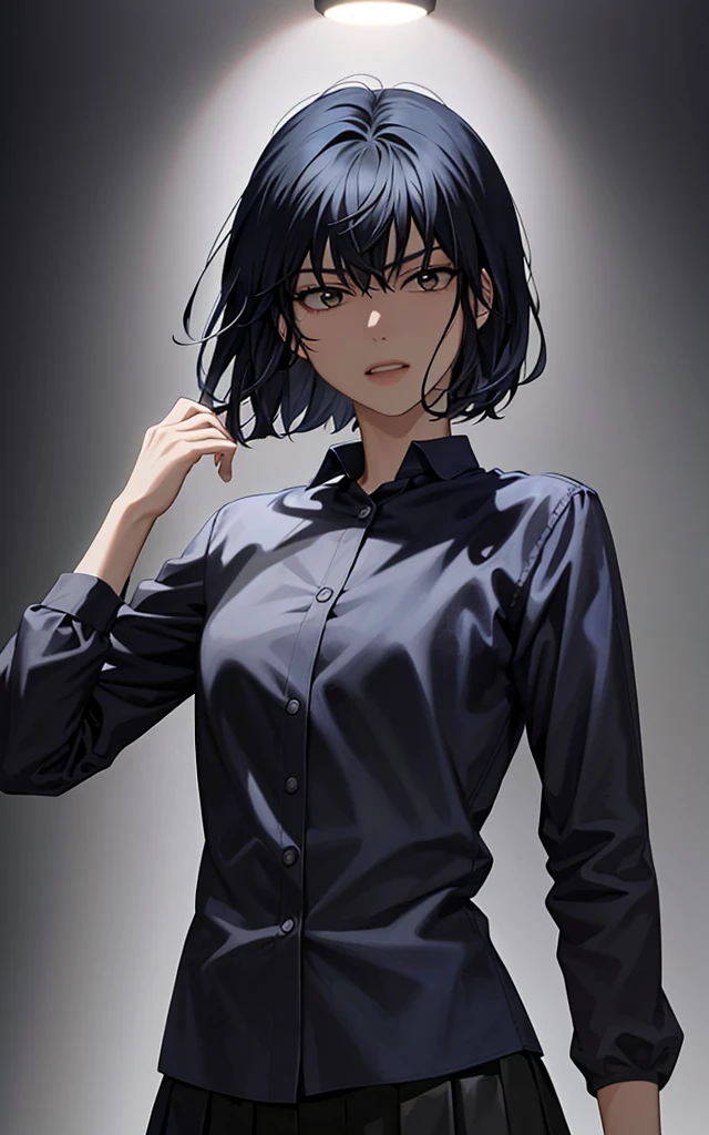 1girl, beautiful girl, Body Length 150 cm, 20 years old, (short hair), (black hair, street Hairstyle) , (Red eyes), realistic eyes, beautiful and sharp eyes), School uniform clothes, small breasts, (8k wallpaper), (class room wallpaper) 8k, high quilty, realistic, beautiful realistic, Cool details, raw photo, realistic clothing, black hair, realistic hair, realistic eyes, Light and cool lighting, photo realistic, Cel shaded, Gel lighting, ultra details, ((anime style)), Han sooyoung, short hair