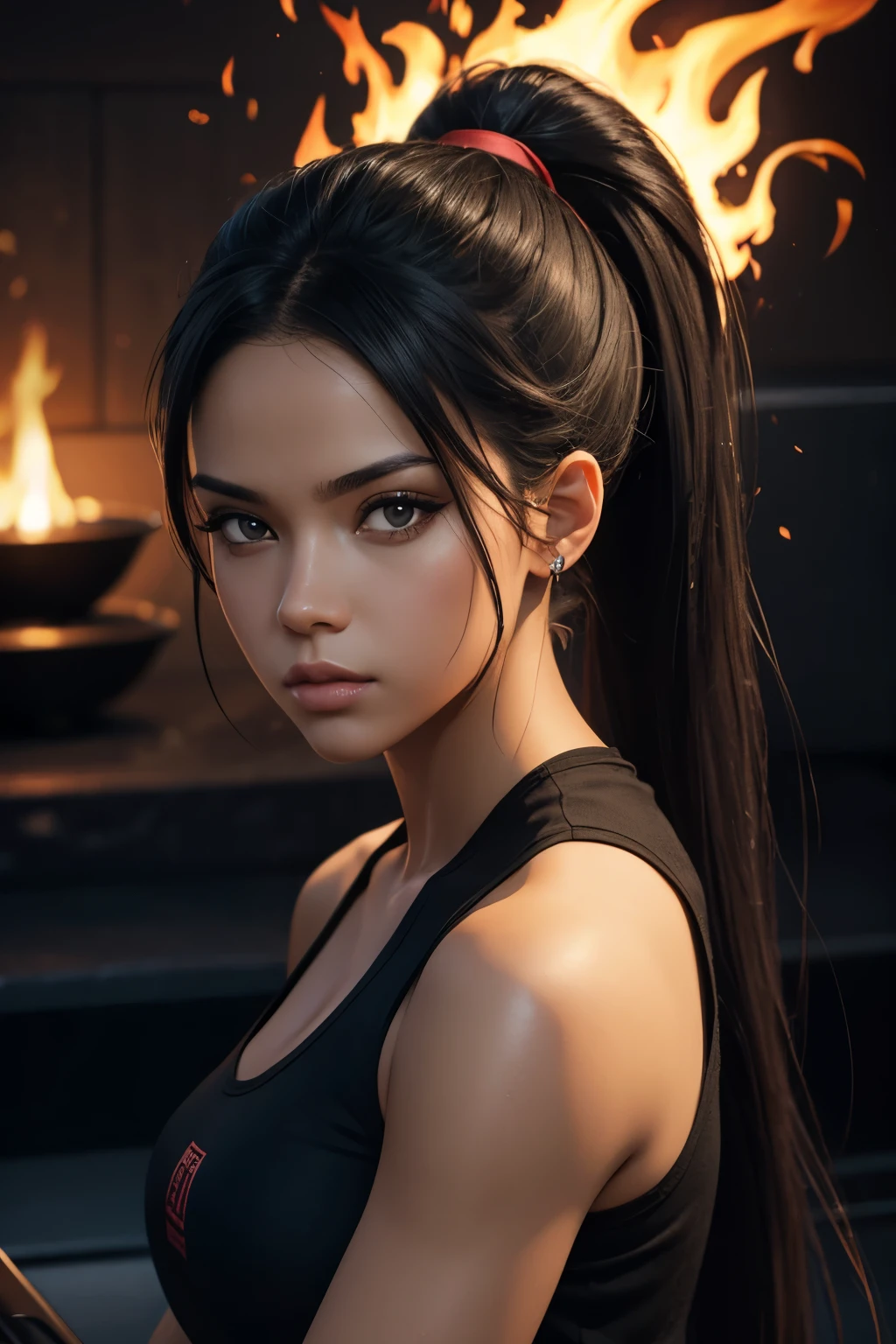 a girl's sloppy appearance mulatto with ponytail black hair, fire, black T-shirt, flames, elegant, digital painting, concept art, sharp focus, illustration  