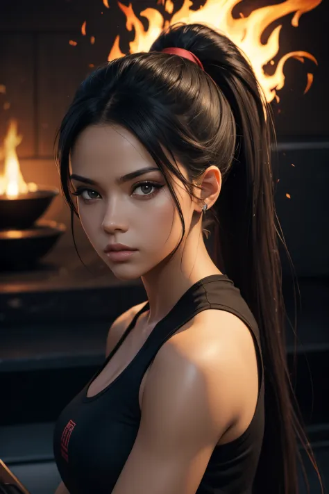 a girl's sloppy appearance mulatto with ponytail black hair, fire, black t-shirt, flames, elegant, digital painting, concept art...