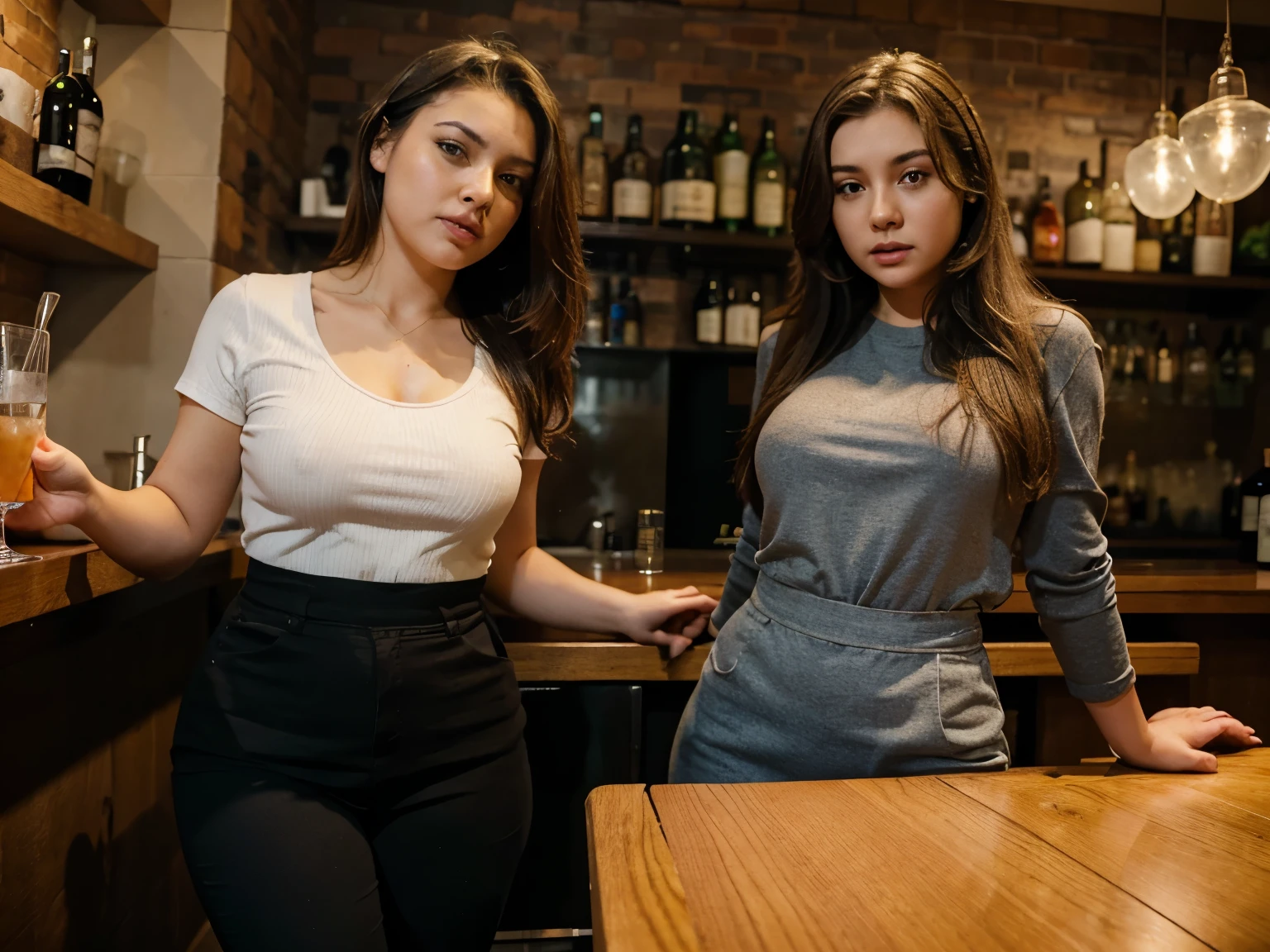 Duas mulheres em um bar com um copo de cerveja - SeaArt AI