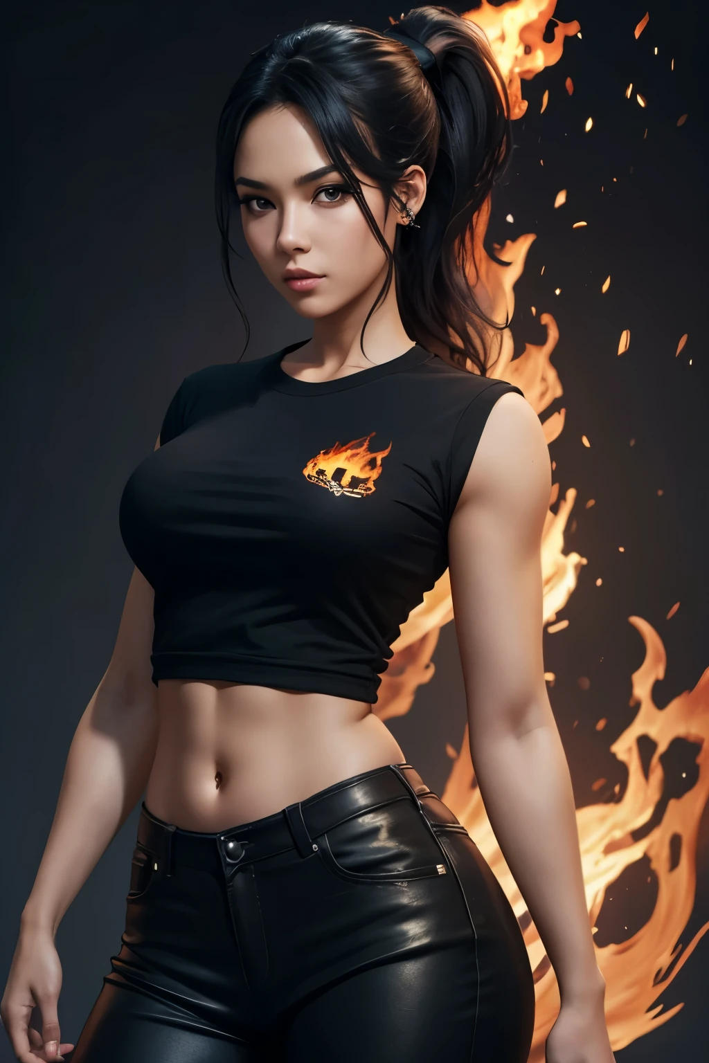 a girl's sloppy appearance mulatto with ponytail black hair, fire, black T-shirt, flames, elegant, digital painting, concept art, sharp focus, illustration  