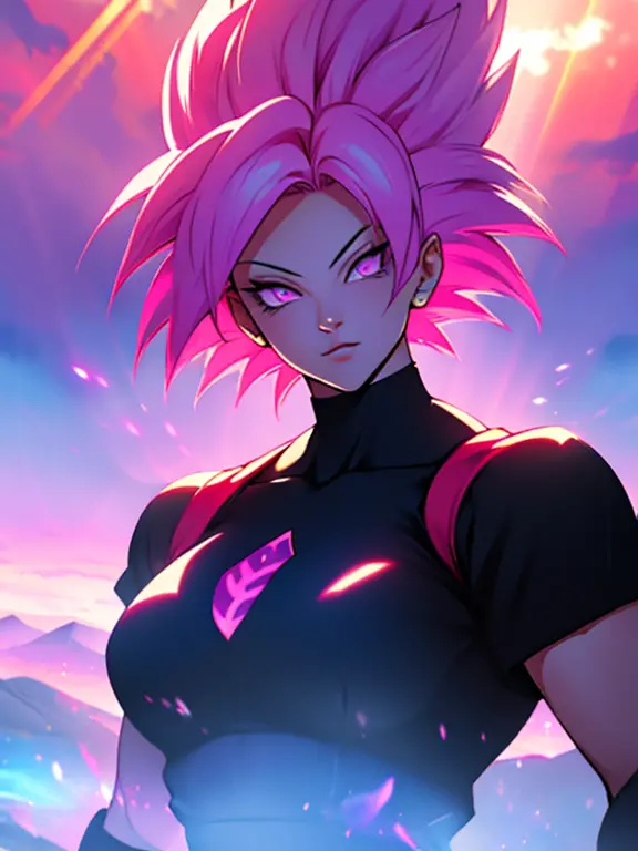 ultra-detailed, Super Saiyan woman, pink hair, violet eyes and painted around the eyes, black clothes with red decorations, scen...