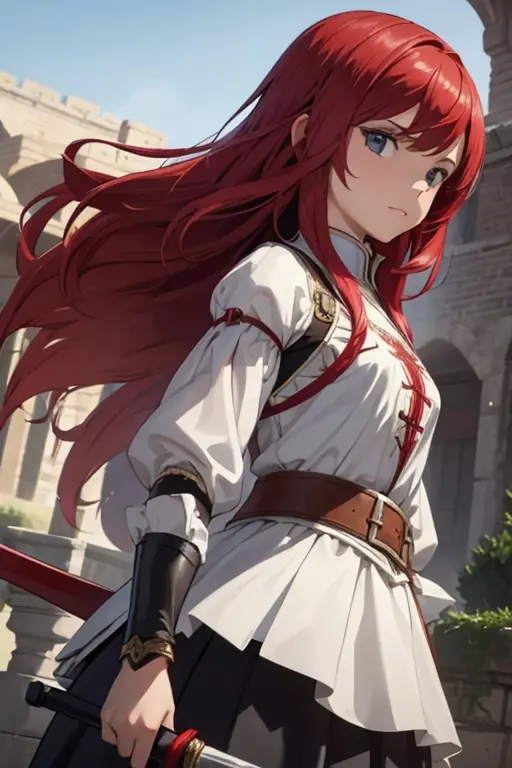 10-year-old (((girl))), dignified, wields two swords, red hair, medieval fantasy setting.