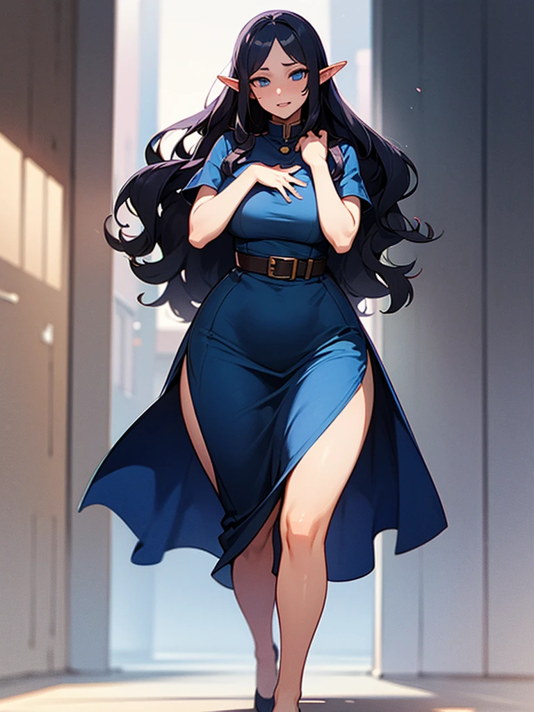 I want an elf milf woman, curvy body, dark blue long wavy hair and light  blue - SeaArt AI