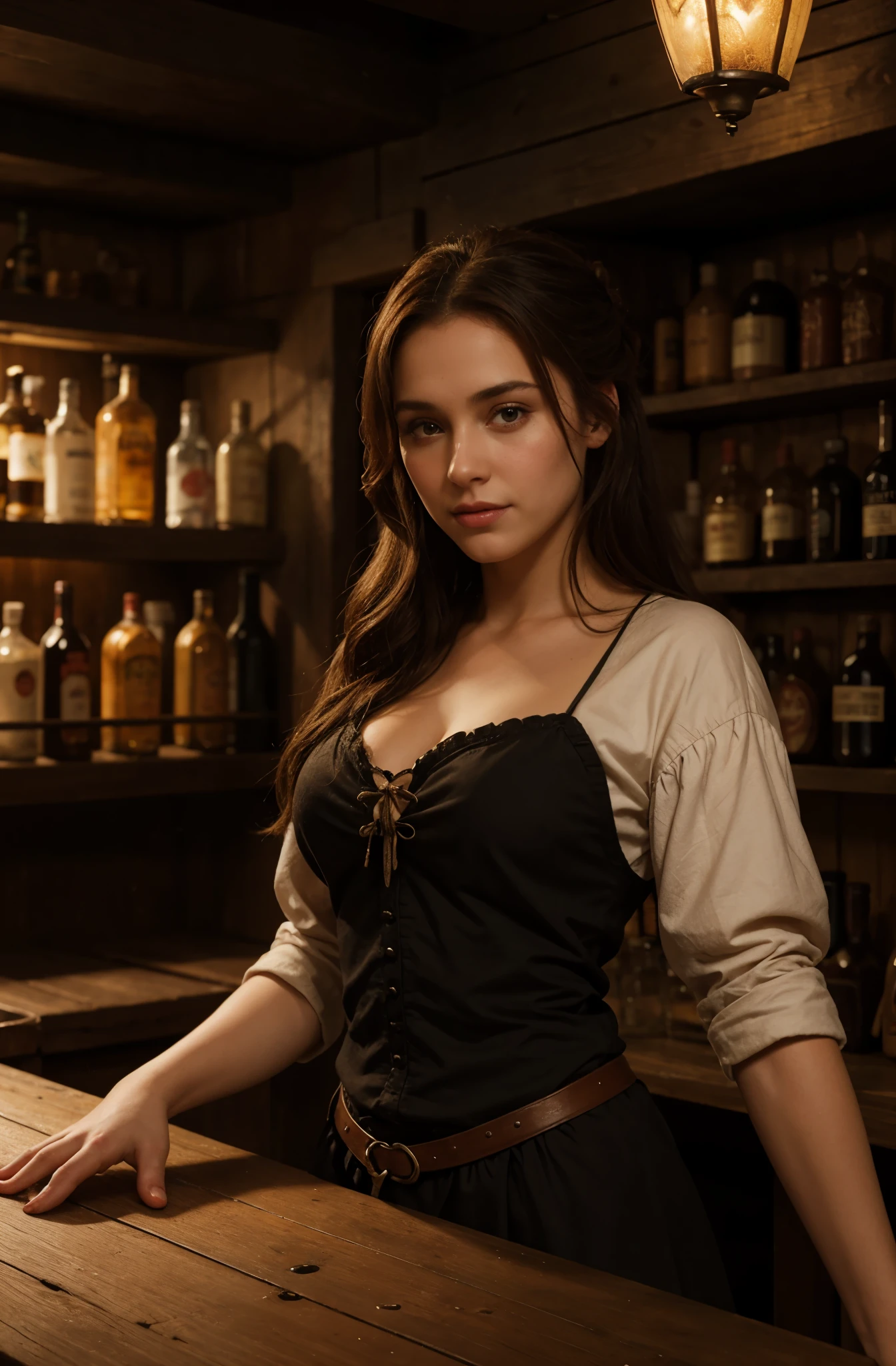 A 4K picture of a female bartender في حانة, موضوع العصور الوسطى, في حانة, وجه رائع مذهل, مفصلة للغاية, الألوان الدافئة, تحفة, إضاءة منتشرة ناعمة