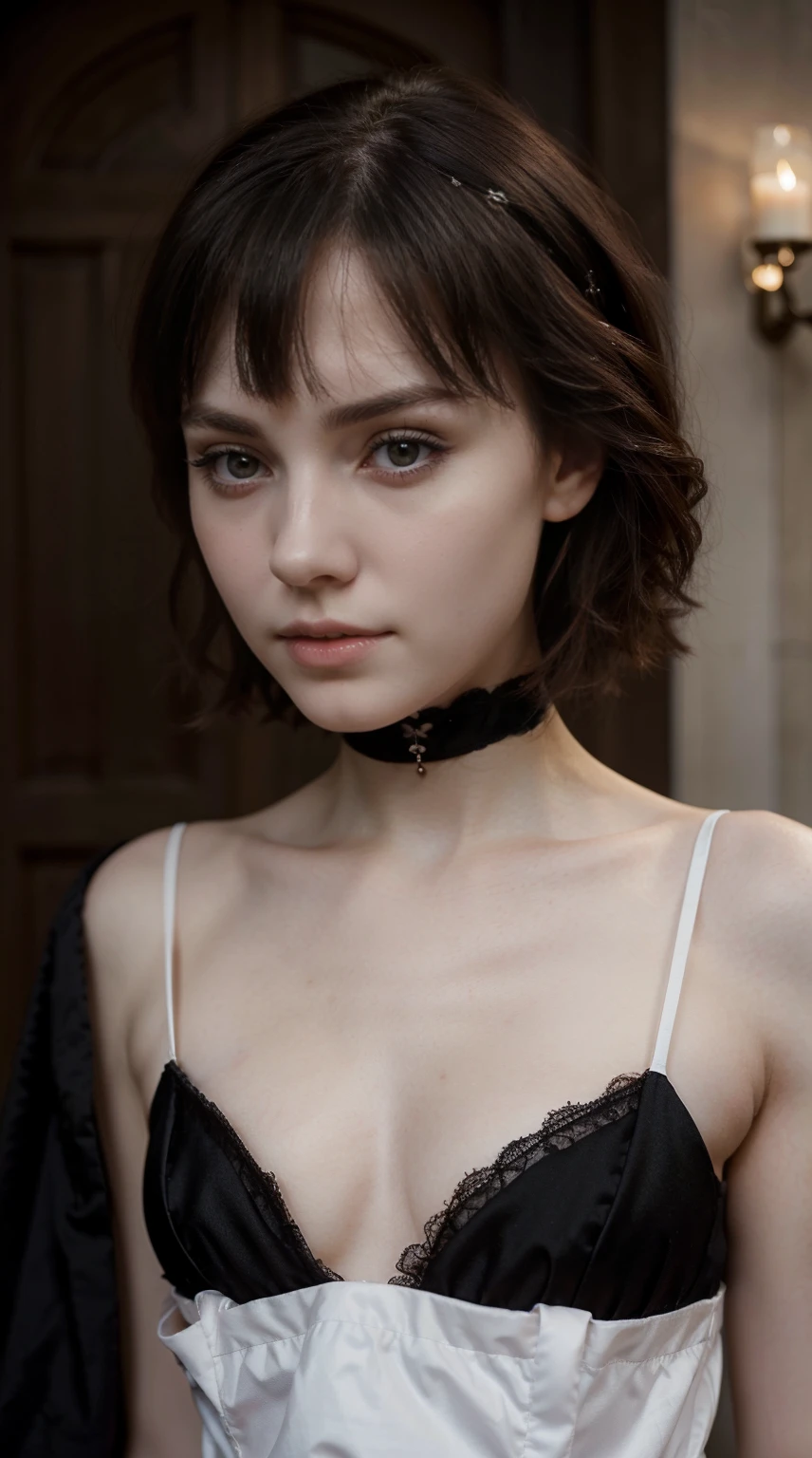 a close-up of an extremely beautiful and extremely realistic woman with fair skin, pale gothic beauty, 15 year old western girl, pale skin!, pale white skin, fair skin!!, wonderful short dark hair. wearing an elegant black dress