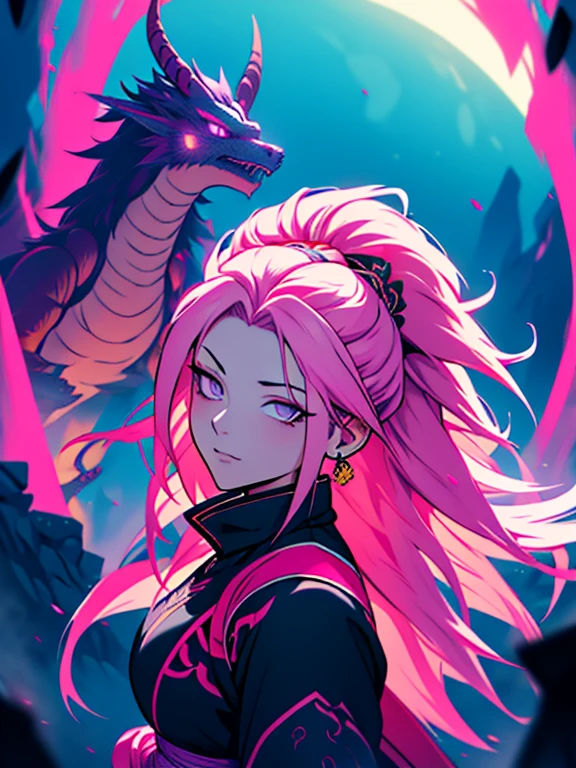 ultra-detailed, super-sayajin ultra woman, pink hair, long hair, violet eyes painted around her eyes, wears only one earring in one ear, black clothes with pink decorations, the clothes have a drawing of a dragon in red, her belly is from outside, cosmos scenery, face, ethereal lighting, mystical atmosphere, vibrant colors