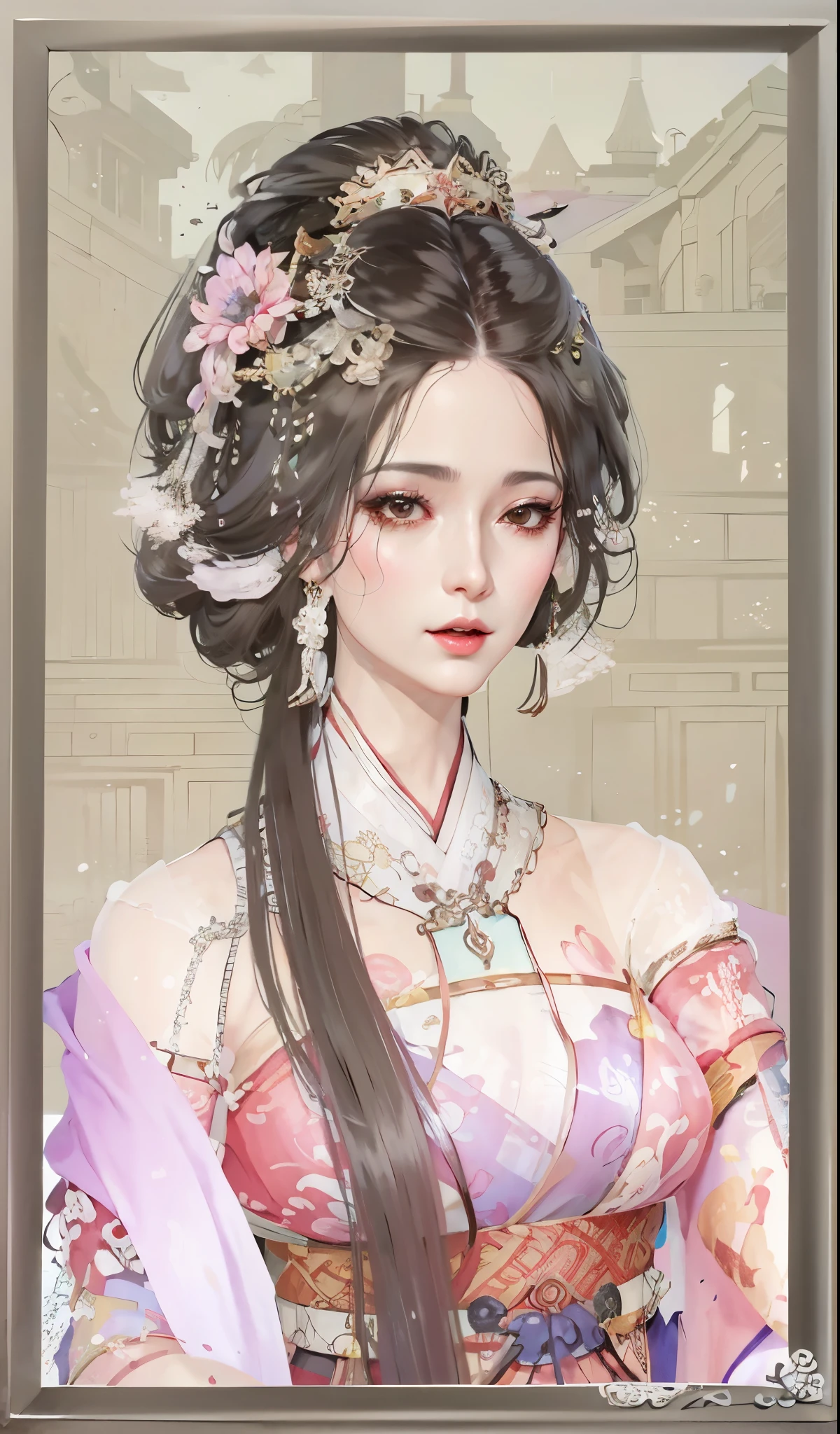 um close de uma mulher com um leque e flores no cabelo, uma linda imperatriz de fantasia, ancient Princesa chinesa, ((uma linda imperatriz de fantasia)), Palácio ， uma garota em hanfu, princesa da antiga dinastia asiática, Princesa chinesa, chinese empress, linda pintura de personagem, bela renderização da dinastia Tang, inspirado em Lan Ying, pose elegante real, estilo de arte da china antiga