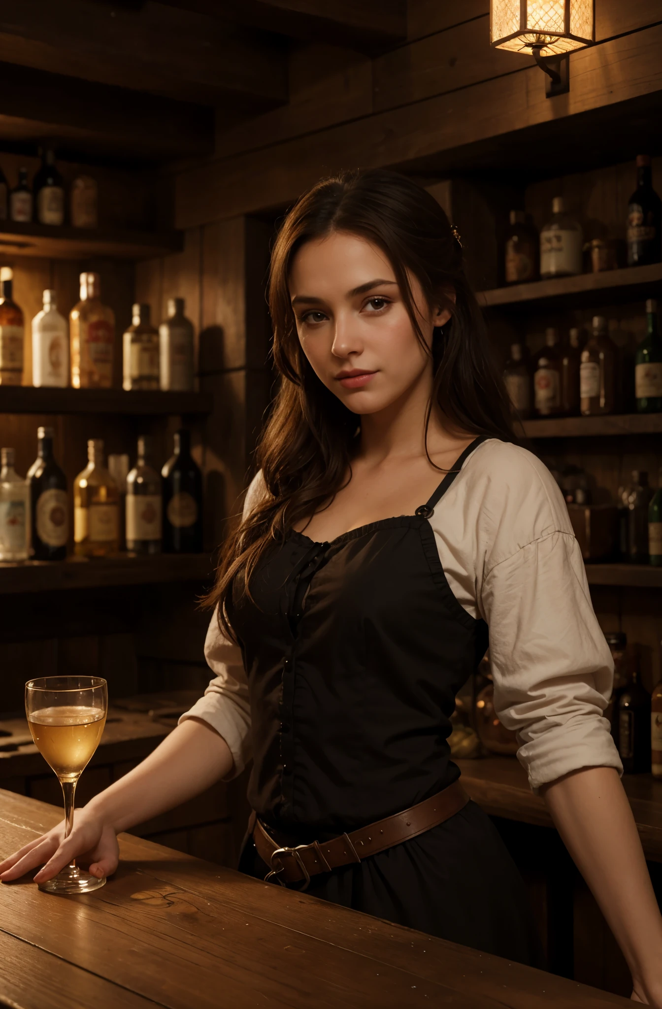 A 4K picture of a female bartender 在酒馆里, 中世纪主题, 在酒馆里, 令人惊艳的美丽脸庞, 非常详细, 暖色调, 杰作, 柔和的散射光