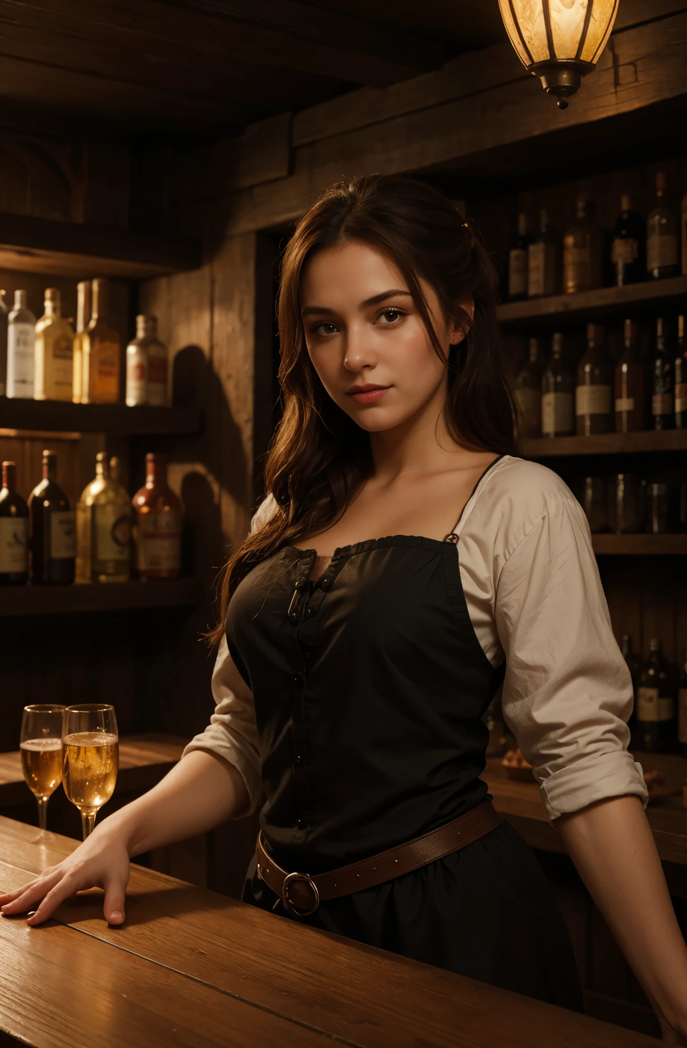 A 4K picture of a female bartender in a tavern, medieval age theme, in a tavern, stunning gorgeous face, highly detailed, warm colors, masterpiece, soft diffused lighting