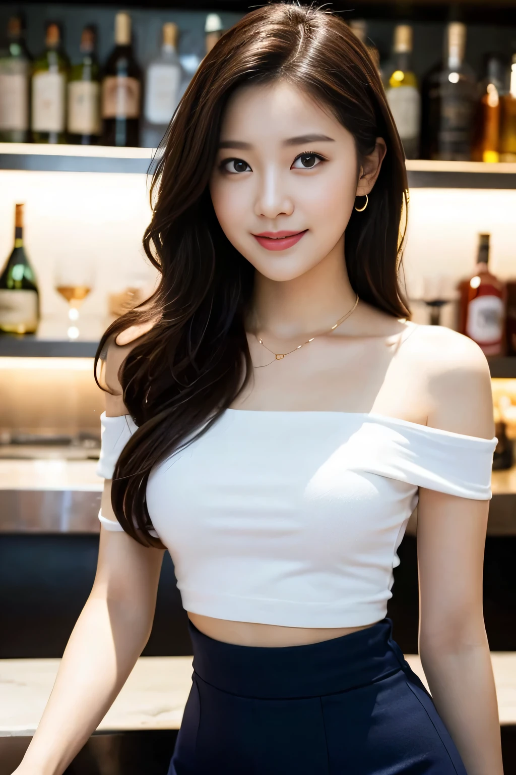 A woman in a white top and black skirt posing for a picture - SeaArt AI