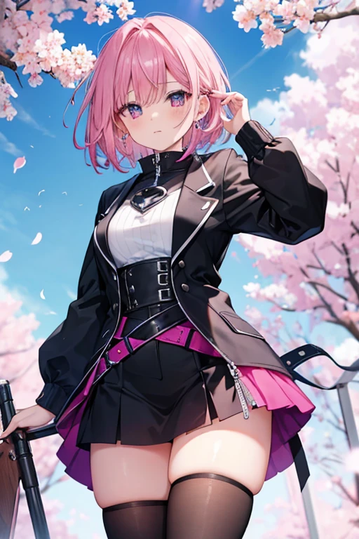 a pink haired female reaper with violet eyes with an hourglass figure with short hair is standing in a flurry of cherry blossoms
