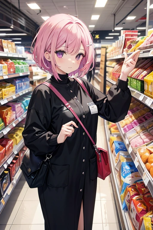 a pink haired female reaper with violet eyes with an hourglass figure with short hair is shopping in the grocery store
