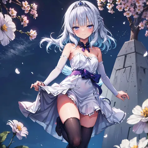  there is an image of a very pretty anime character dressed up like a princess, 1girl, solo, dress, thighhighs, long hair, white dress, purple eyes, (perfect eyes:1.6), breasts, white thighhighs, looking at viewer, beautiful, skirt hold, bare shoulders, de...