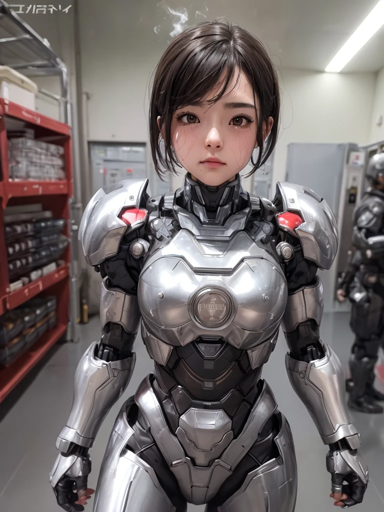 rough skin, Super detailed, advanced details, high quality, 最high quality, High resolution, 1080P, hard disk, beautiful,(war machine),beautifulサイボーグの女性,Red Mecha Cyborg Girl,battle,girl with mechanical body,、junior high school girl　Very short hair、sweaty brown eyes、sweaty face、expression of unfair treatment　cute　black hair(Steam comes out from all over the body)　((steam from head)) (((steam from the whole body))) Glasses　squat　spread your legs　M spread legs　(Shyness)