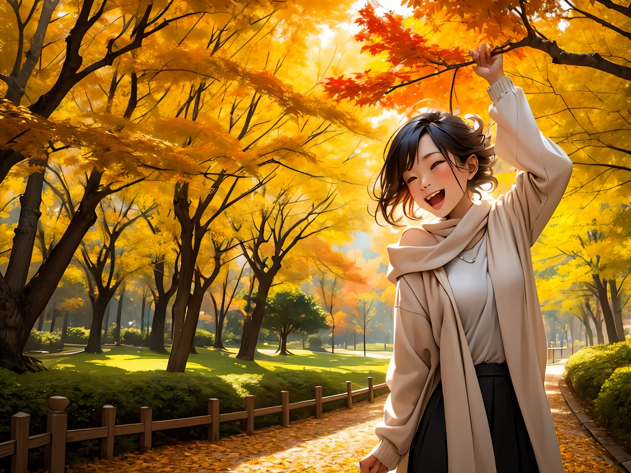 (best quality,4k,8k,highres,masterpiece:1.2),ultra-detailed,(realistic,photorealistic,photo-realistic:1.37),long-haired girl,picks up fallen leaves,autumn street with fallen leaves,leaves flying in the air,streets lined with trees,golden and orange color tones,rays of sunlight filtering through the tree branches,soft and warm lighting,beautiful detailed eyes,beautiful detailed lips,golden autumn glow,vivid colors,Autumn setting,crisp air,gentle breeze,fallen leaves swirling in the wind,quiet and peaceful atmosphere,nature's beauty,impressive texture of fallen leaves,realistic depiction of nature,joyful expression on girl's face,calm and serene backdrop,leaves twirling balletic in the air,dancing with the wind,distinct crunching sound beneath her feet,nature's symphony,harmony with surroundings,dynamic and lively scene,tranquil ambiance,intimate connection with nature,blissful moment of pure happiness.