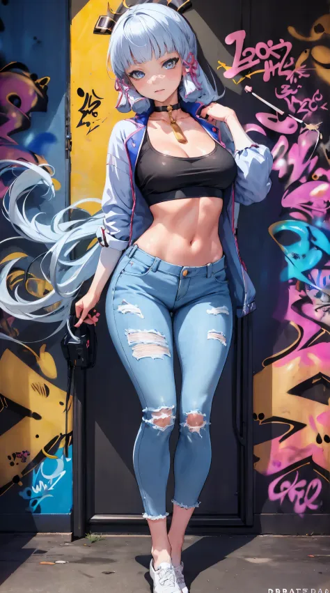 kamisato ayaka|genshin impact, master-piece, bestquality, 1girls,25 years old, Body proportion, crop top, Long Jeans, oversized breasts, ,bara, crop top, shorts jeans, choker, (Graffiti:1.5), Splash with purple lightning pattern., arm behind back, against ...
