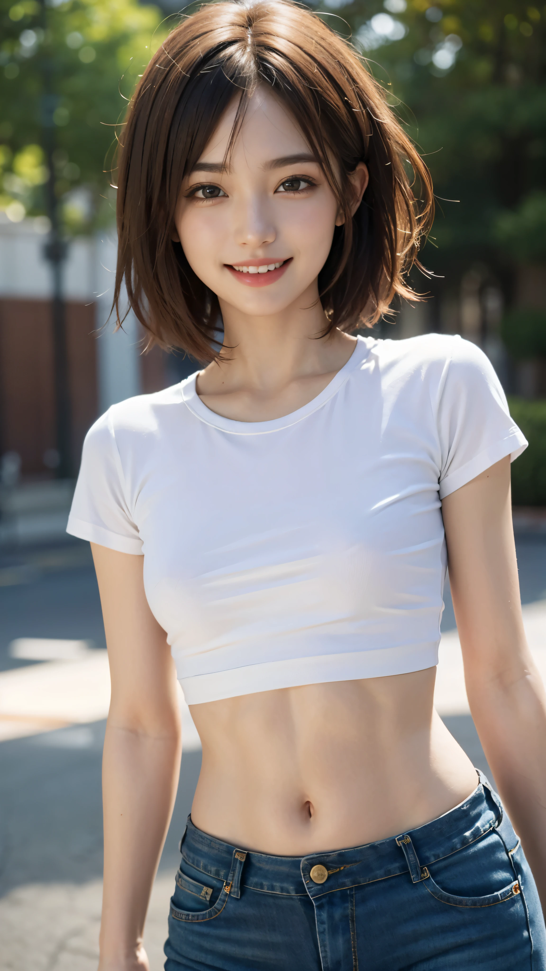 highest quality, pieces fly, ultra high resolution, (that&#39;realistic:1.4), RAW photo, 1 girl, Mr. Kｰpop idol, brown short hair, slender body,stomach,stomach筋,muscular,jeans and a small t-shirt,fine eyes,(realistic eyes),delicate face,realsMr. Kin,slightly tanned skin、fine hair,Detailed sMr. Kin,cute face,((smile))、((laughter))、((you look happy, smile))